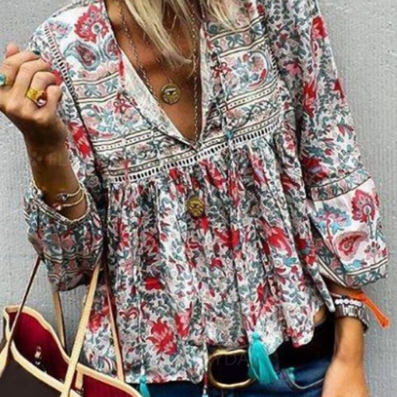 Floryday Tops - Floryday Floral Long Sleeve Vneck Double Tassle Tie Neck Blouse Size XL